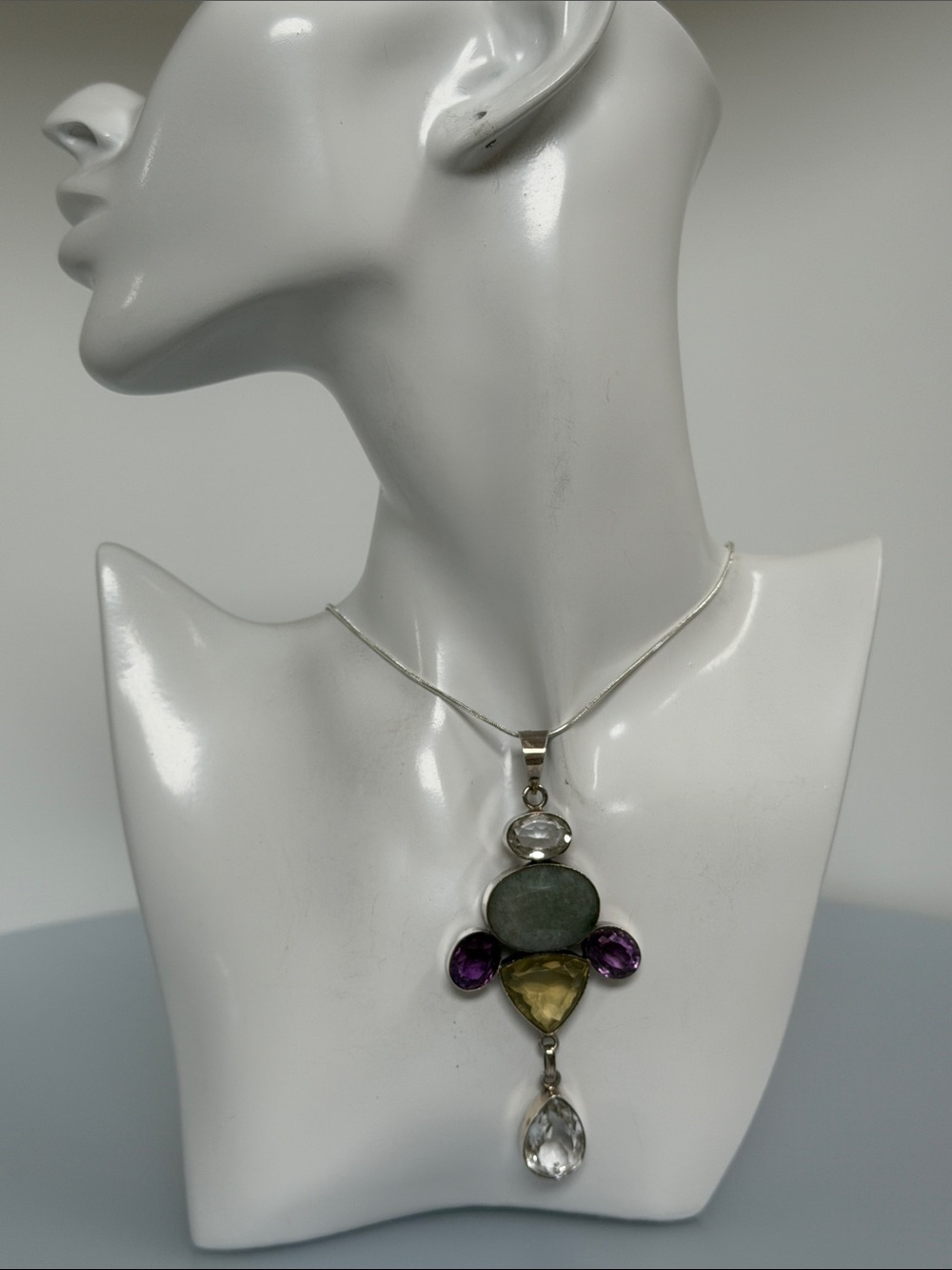 925 Sterling Silver Green Jade Citrine white Jade Stone Pendant Necklace